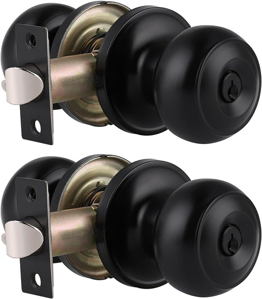 Gobrico 2 Pack Keyed-Alike Exterior Door Knobs with Key Matte Black Entry Door Knob Flat Ball Door Locksets with Same Key and Lock Front Door Knob