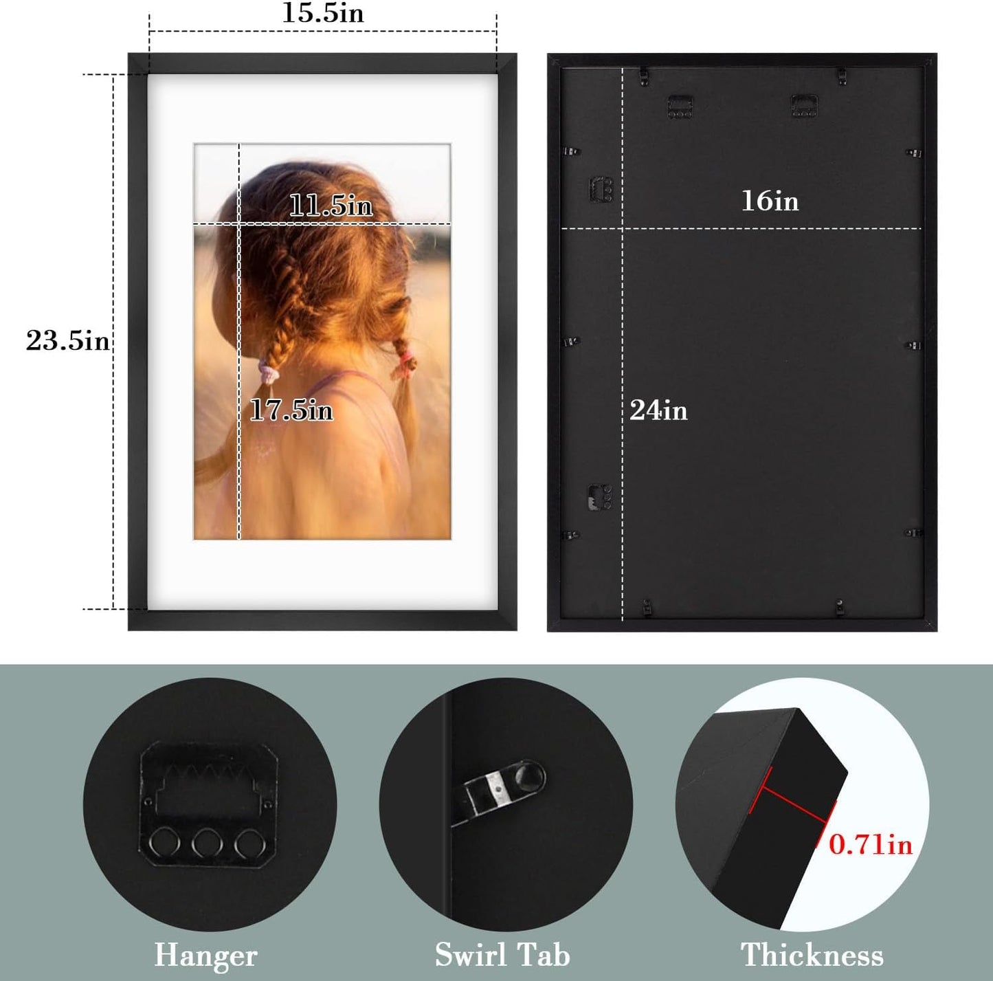 Golden State Art, 16X24 Picture Frame with Mat for 12X18 - High Definition Glass Wall Mounting Horizontal Vertical Display (Black, 2 Pack)