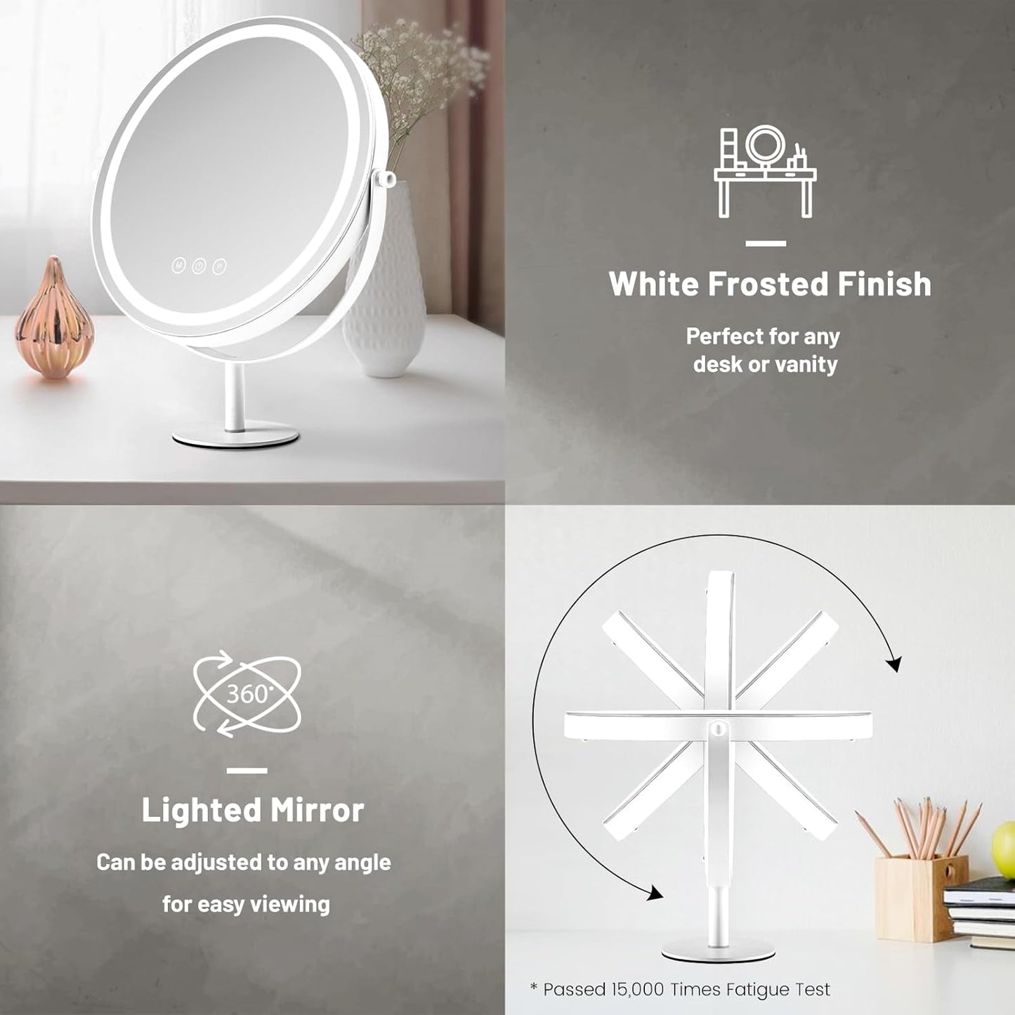 Makeup Mirror with Lights, Lighted Makeup Mirror with Magnification, 1x/10x, Large Round Vanity Mirror with Stand, 3 Color Modes, Brightness Adjustable, Smart Touch Control, 13 Inches Diameter