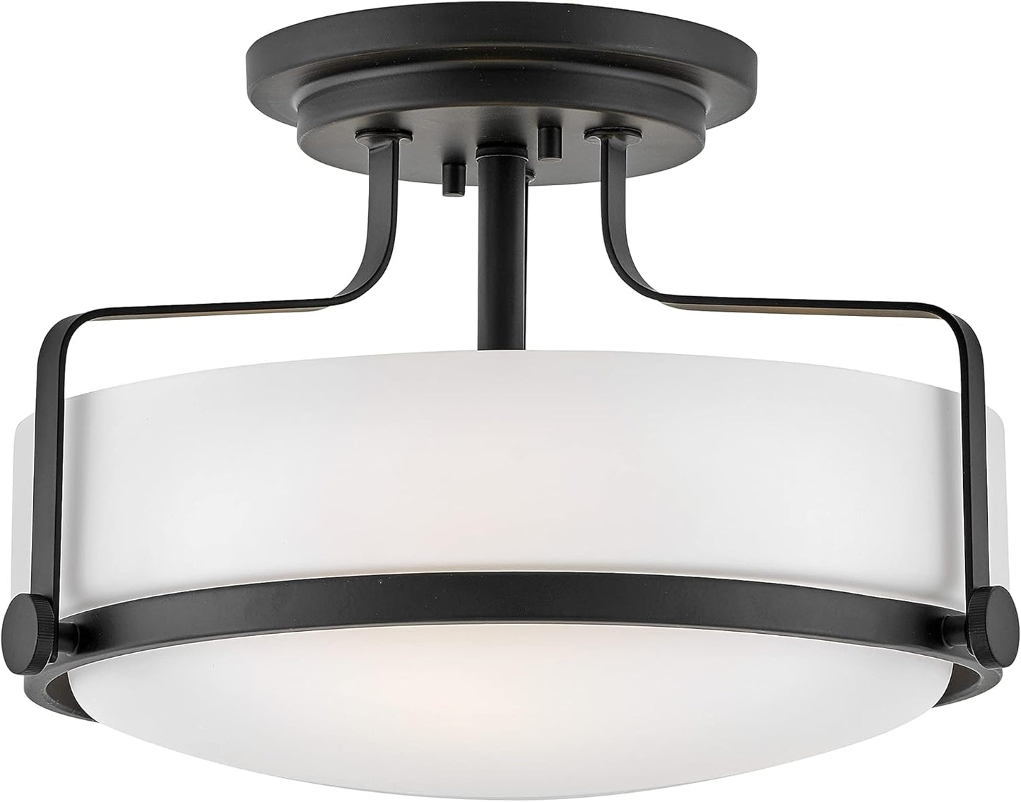 Hinkley Harper 3641BK Medium Semi-Flush Mount Ceiling Light - Sleek, Retro Style - Black + Etched Opal Glass
