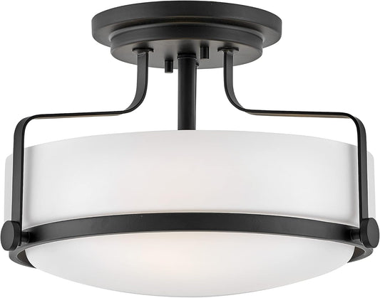 Hinkley Harper 3641BK Medium Semi-Flush Mount Ceiling Light - Sleek, Retro Style - Black + Etched Opal Glass