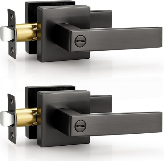 Probrico Privacy Gunmetal Black Door Handles for Bedroom Bathroom, 2 Pack Grey Interior Reversible Lever with Lock