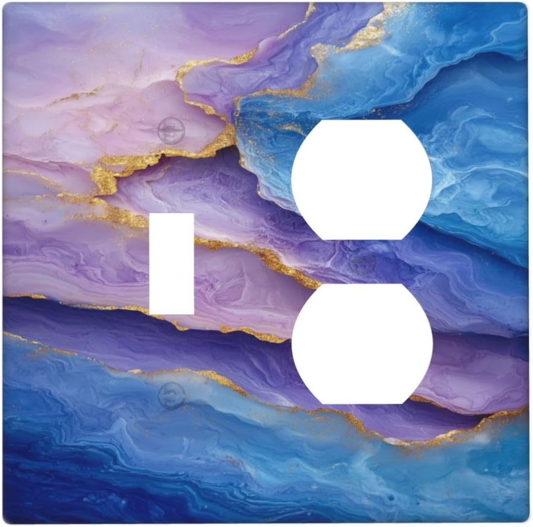 Decorative Outlet Covers Abstract Blue Purple Gold Marble Texture 2 Gang Wall Plate Single Toggle Duplex Light Switch Cover Switch Plate Covers Faceplate for Bathroon Kitchen Decor