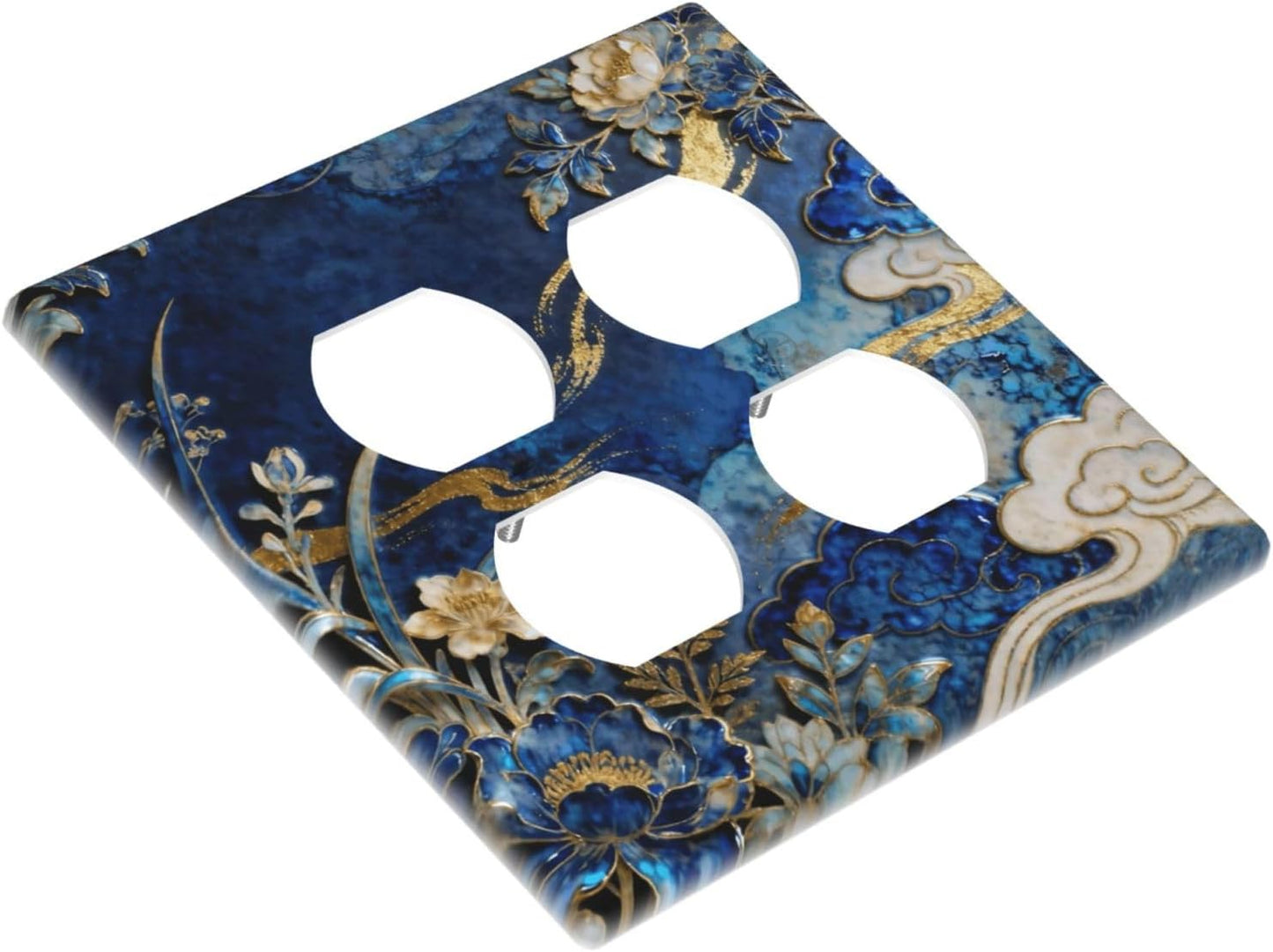 Decorative Outlet Covers Blue White Flower Gold Line Cloud 2 Gang Light Switch Cover Plate Double Duplex Wall Plates for Electrical Outlets Switch Plate Covers for Bedroom Home Decor