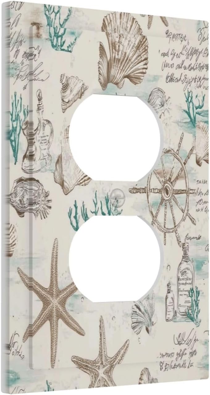 Mid Century Seashells Starfish Compass Outlet Covers 1 Gang Duplex Light Switch Cover Decorative Switch Plates Electrical Receptacle Faceplate Wall Plate For Nursery Kids Room Decor