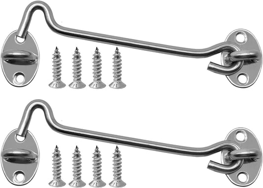 2-Pack 8Inch Door Lock Gate Latch Premium Stainless Steel Hook and Eye Gate Latch Cabin Hook with 16pcs Screws, Silver