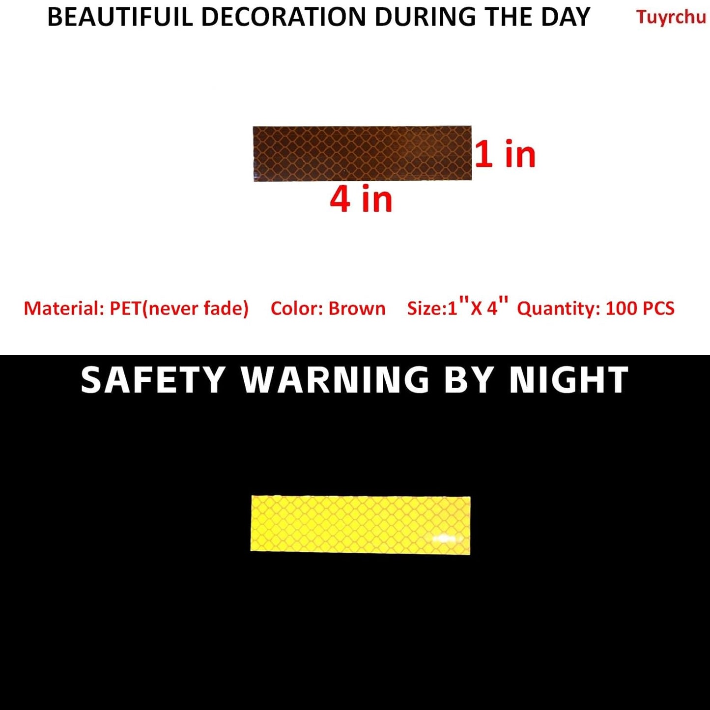 Non Fading Brown Reflective Stickers 1 inch X 4 inch, Outdoor Waterproof High Visibility Warning Safety Adhesive Reflector Tape (100 Pcs)