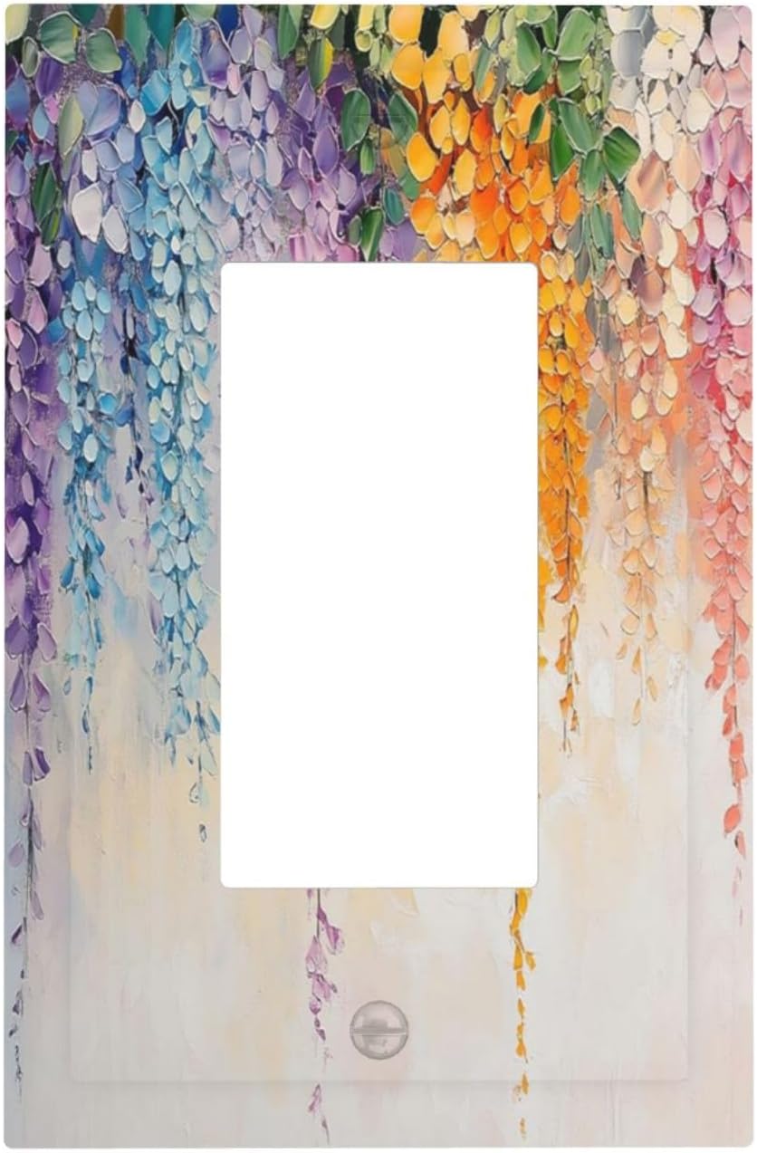 Colorful Wildflower Wisteria Cascade Floral Flower Decorative Outlet Covers 1 Gang Single Rocker Light Switch Cover Plate Wall Plates GFCI Faceplate for Bedroom Living Room Decor