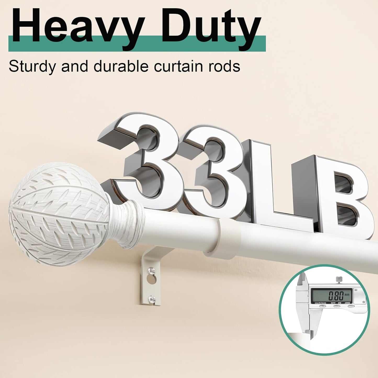 Antique White Ball Curtain Rods for Windows 66 to 120 Inch,1 Inch Heavy Duty Adjustable Curtain Rod,Boho Decorative Drapery Rods Set with Brackets,Size:36''-120''