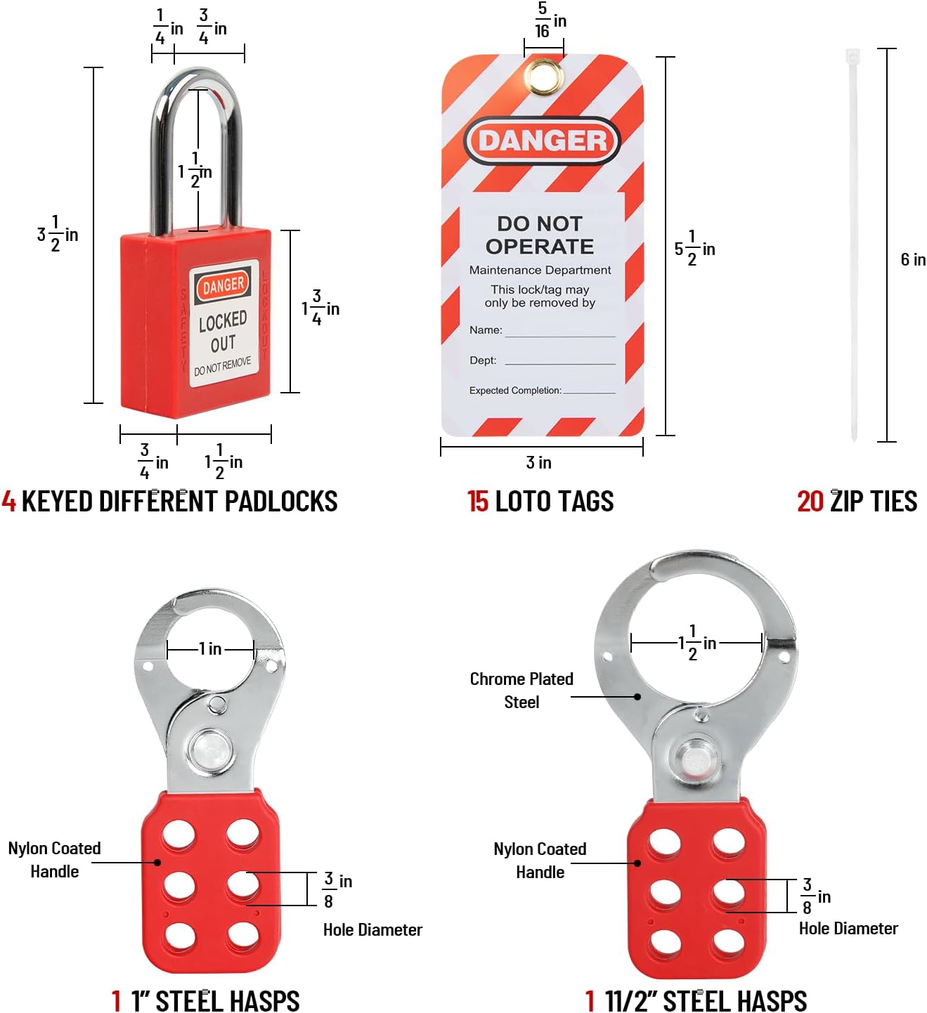 Lockout Tagout Kit Electrical Loto Group Lockout Hasps, Lockout Tags, Safety Padlocks with Number, Nylon Ties with Pocket Bag