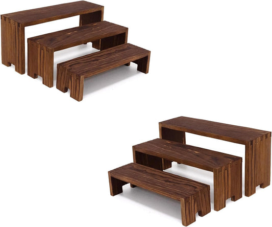 Display Wood Risers Wooden Stand 3 Tier Wood Racks Decorative Rectangular, 2 Set 6 Piece Cupcake Stands Cologne Perfume Organizer Dessert Showcase(Brown)