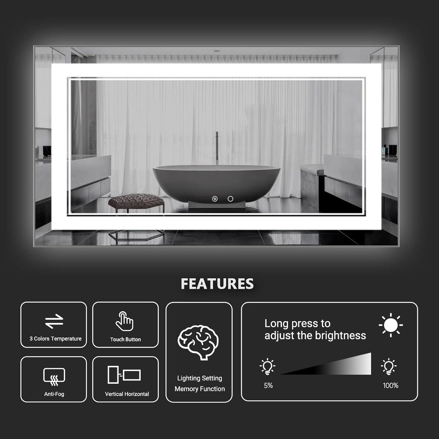 55" x 30" LED Bathroom Mirror Wall-Mounted Vanity Mirror with Anti Fog,Dimmable Waterproof Smart Touch Button Makeup Mirror with Lights Vertical & Horizontal