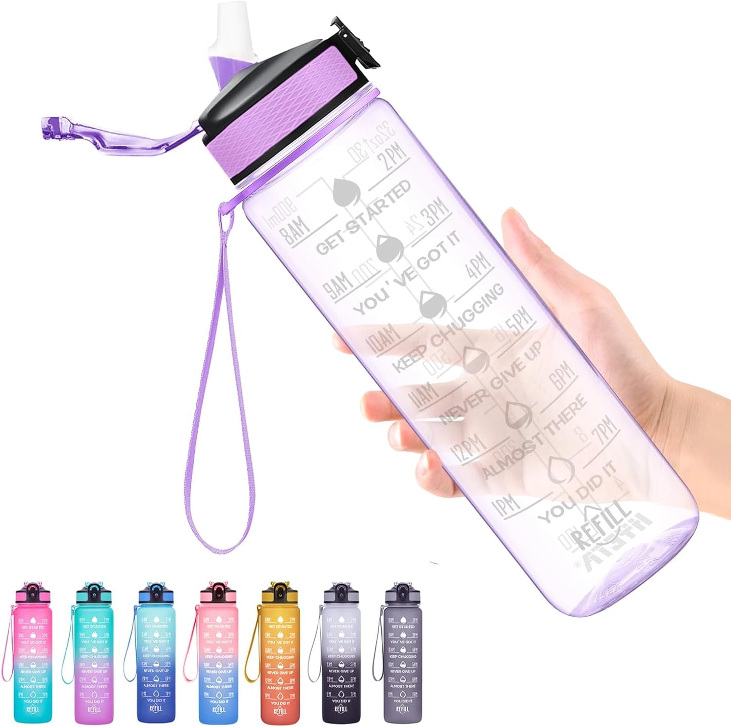 Hyeta 32 oz Water Bottles with Times to Drink and Straw, Motivational Water Bottle with Time Marker, Leakproof, Drinking Sports Water Bottle for Fitness, Gym and Outdoor