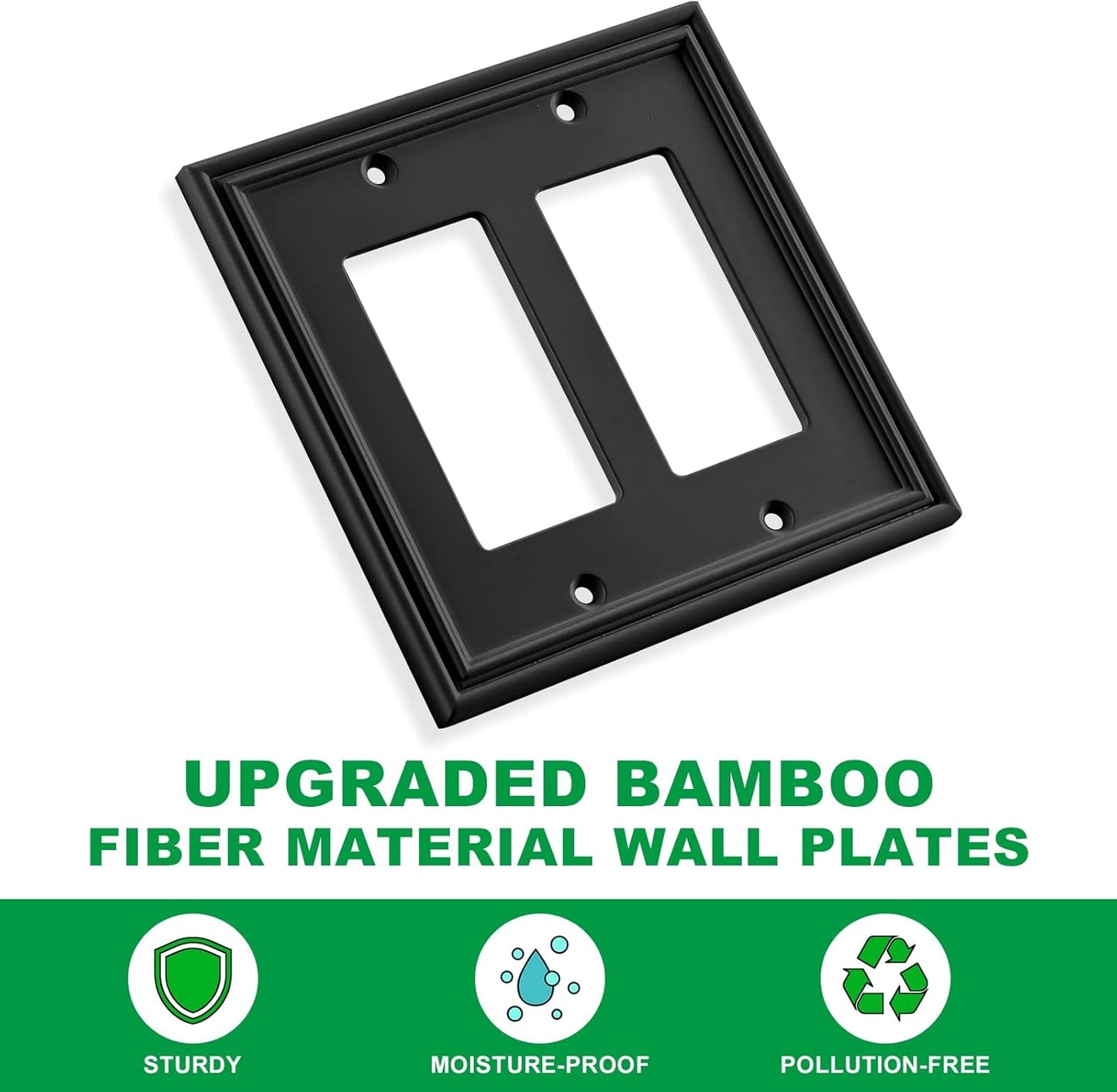 Black Modern Decorative Wall Plate Light Switch Cover Decorator Outlet Covers Rocker Switch Plates Bamboo Fiber Material Wall Plates for Kitchen Bathroom (2 Gang Double Decorator-2 Pack)