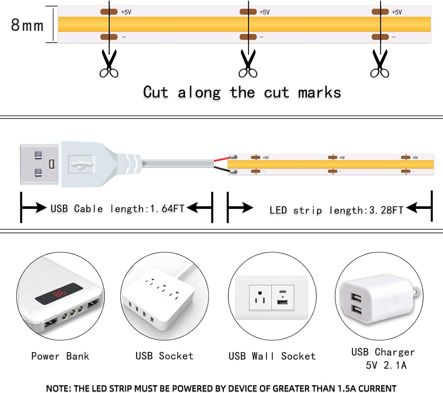 Short Led Strip Lights 5V USB LEDs Display Cabinet Lighting USB 8mm Small COB LED Strip Light 4000K Warm White Not Dimmable Flexible led for Home DIY TV Lights Indoor Use (3.28FT /1M)