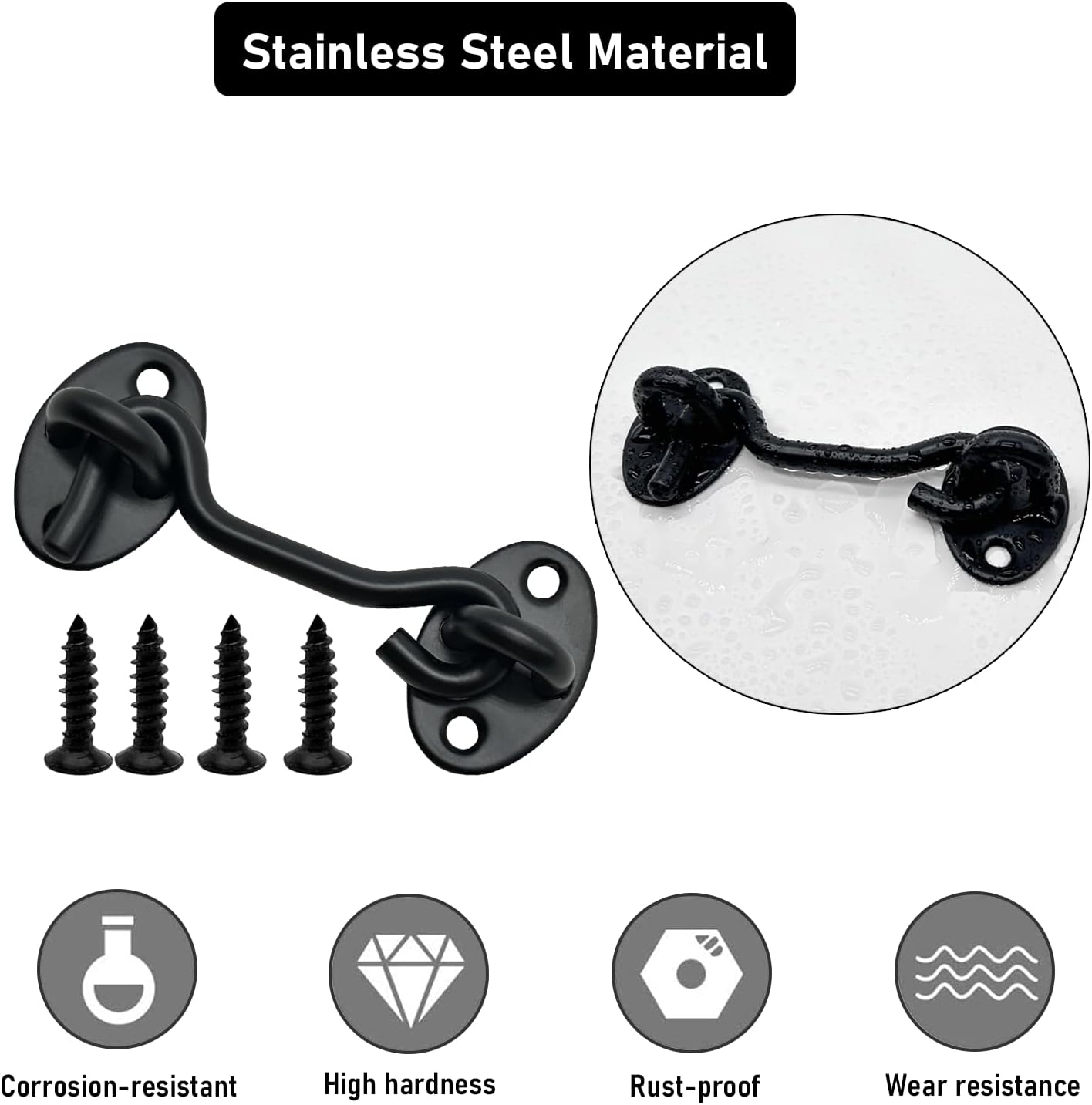 4-Pack 3Inch Door Lock Gate Latch Premium Stainless Steel Hook and Eye Gate Latch Cabin Hook with 16pcs Screws, Black