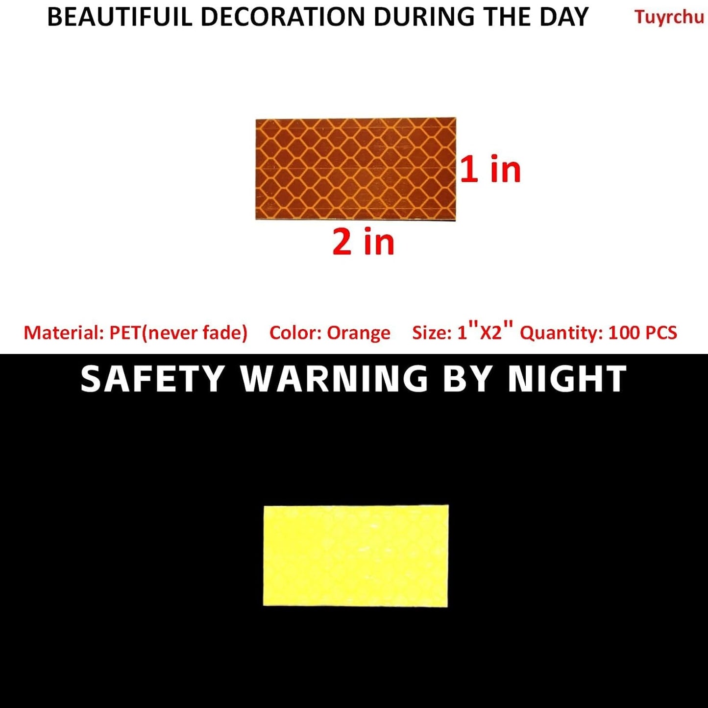 Non Fading Orange Reflective Stickers 1 inch X 2 inch, Outdoor Waterproof High Visibility Warning Safety Adhesive Reflector Tape (100 Pcs)