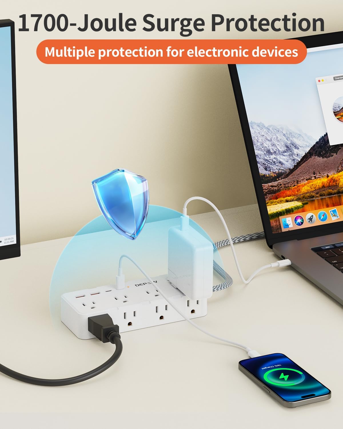 Power Strips with Surge Protection, 10 FT Braided Extension Cord with Multiple Outlets-8 AC Outlets 4 USB Ports (2 USB C), 1700 Joule Surge Protector with Flag Plug for Home Office, White