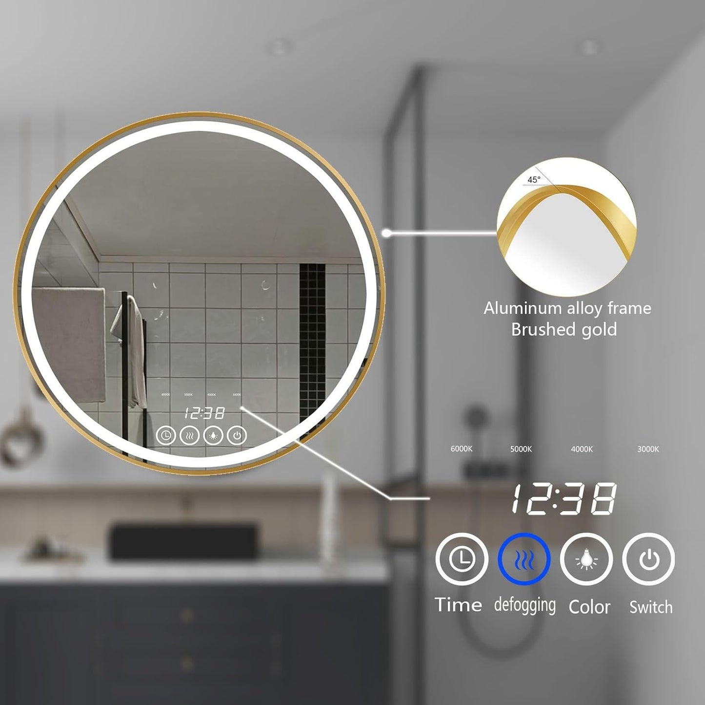32 Inch Wall-Mounted Round Bathroom Mirror with LED-Lights - Frame Vanity Mirrors with Dimmable (32" x 32", Gold)