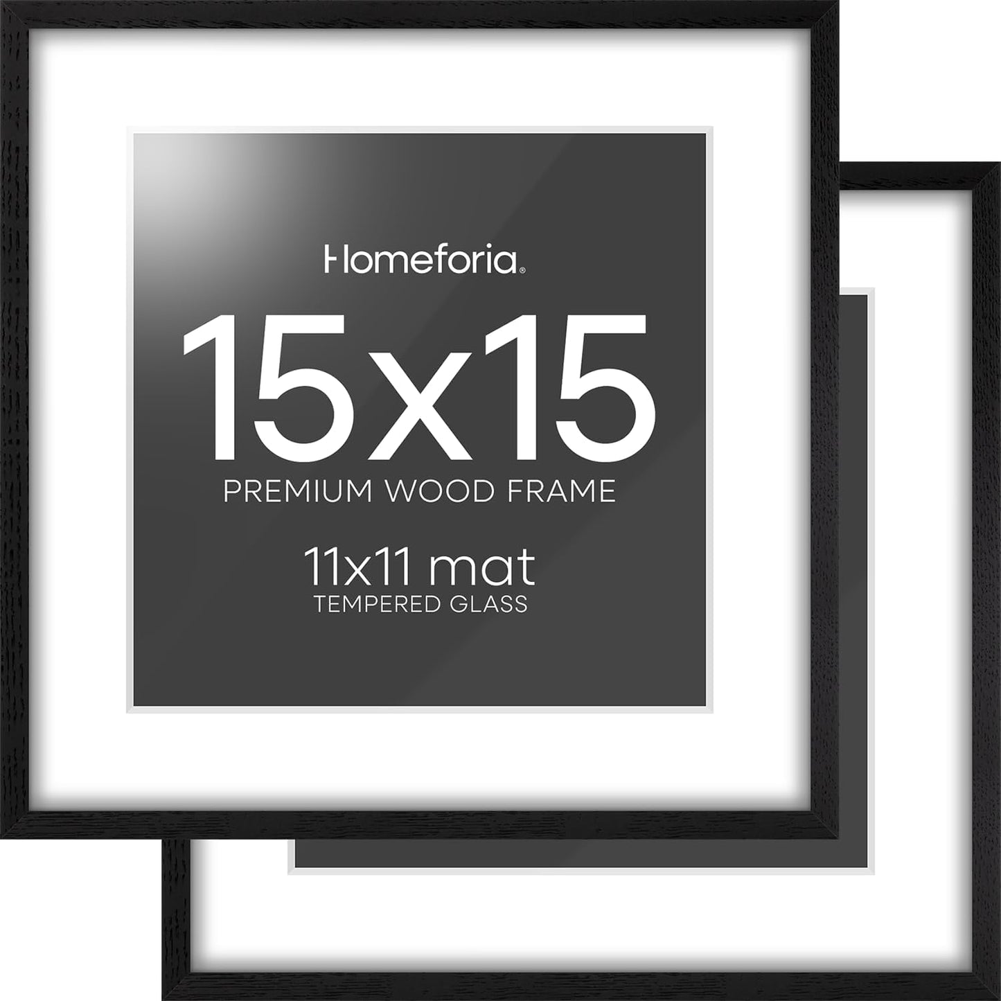 Homeforia 15x15 Black Wood Frame, High End Oak 15 x 15 Square Picture Frames with Mat 11 by 11 inches Photo, 15by15 Black Wooden Poster Frames Matted to 11x11 Print, Tempered Glass, Wall Kit, Set of 2