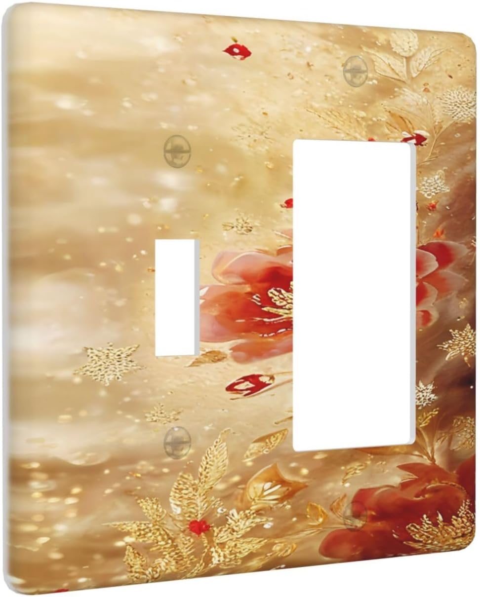 Decorative Outlet Covers Golden Leaf Red Peony Flowers Floral 2 Gang 1 Gang Wall Plate Cover Single Toggle Rocker Combo Light Switch Cover Plate Face Plate