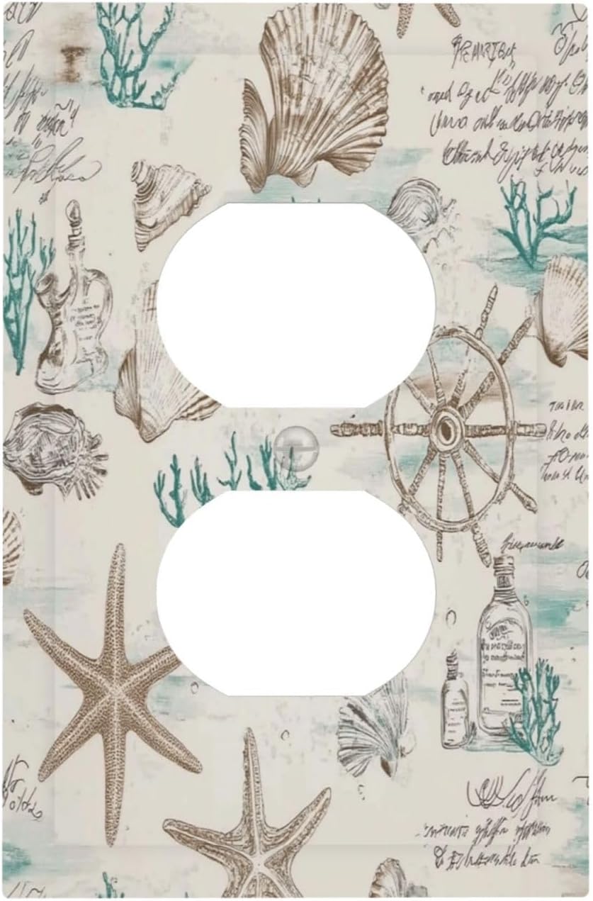 Mid Century Seashells Starfish Compass Outlet Covers 1 Gang Duplex Light Switch Cover Decorative Switch Plates Electrical Receptacle Faceplate Wall Plate For Nursery Kids Room Decor