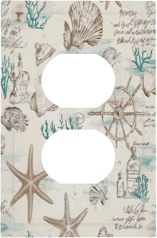 Mid Century Seashells Starfish Compass Outlet Covers 1 Gang Duplex Light Switch Cover Decorative Switch Plates Electrical Receptacle Faceplate Wall Plate For Nursery Kids Room Decor