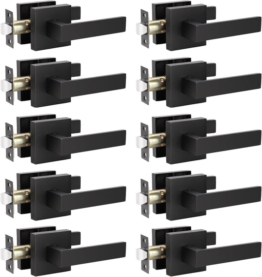 KNOBWELL 10 Pack Premium Matte Black Door Handle Passage Lever Heavy Duty Handleset, Closet Door Handles for Left or Right Handing, Modern Square 2.07 lb Doorknob