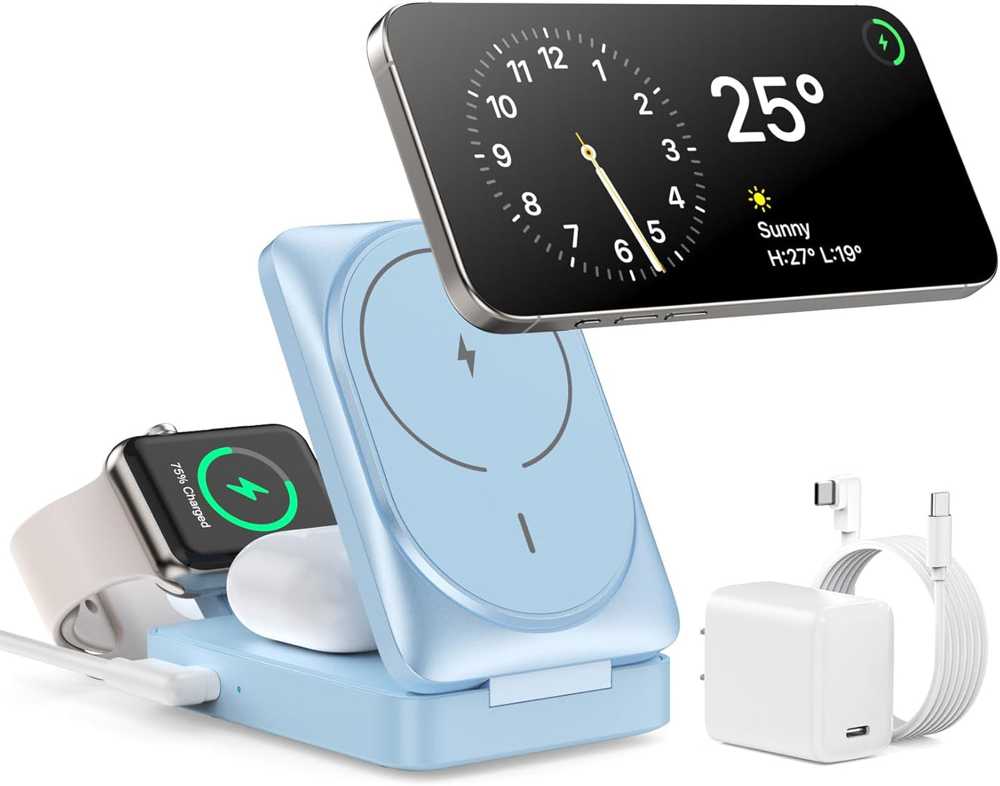 3-in-1 Wireless Charger Charging Station for iPhone, Qi2 Certified 15W Fast Charging Foldable Magnetic Charger Stand with 30W USB C Adapter for MagSafe iPhone 16/15/14/13/12, Apple Watch, AirPods