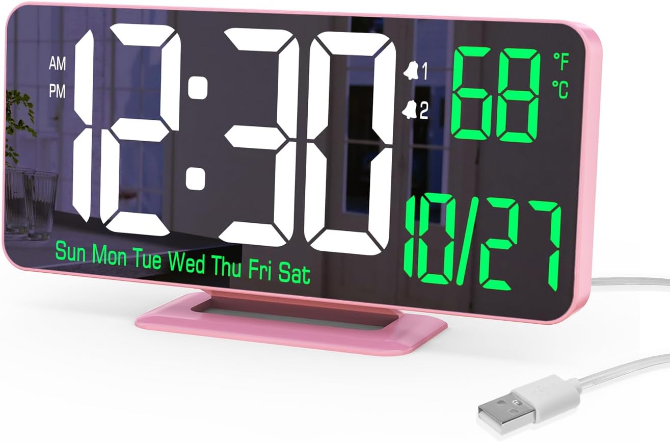 KOSUMOSU Pink Digital Clock 6.7in Desk Clock with Dual Alarm Clock, Dimming, 12/24h, Date, Day of Week, Temp, Digital LED Clock, Alarm Clock for Table, Digital Calendar Table Clocks for Bedrooms