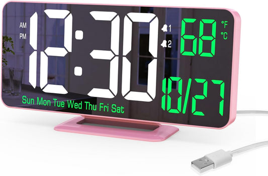 KOSUMOSU Pink Digital Clock 6.7in Desk Clock with Dual Alarm Clock, Dimming, 12/24h, Date, Day of Week, Temp, Digital LED Clock, Alarm Clock for Table, Digital Calendar Table Clocks for Bedrooms