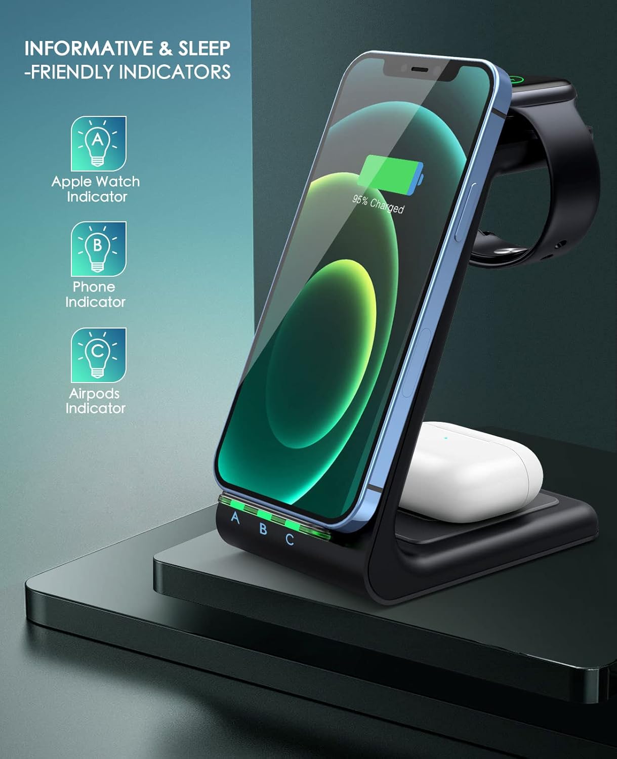 3 in 1 Wireless Charging Station, 2025 Upgraded Fast Desk Charger Station for iPhone 17 16 15 14 13 12 Pro Max Plus, Charger Stand for Apple Watch 10 9 8 7 6 5 4 3 2 SE, Airpods 4 3 2 Pro(Black)