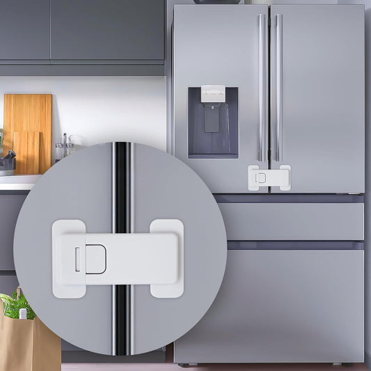 Fridge Locks for Kids, Child Proof Refrigerator Lock, Baby Safety French Fridge Door Lock, Child Cabinet Locks with Strong 3M Adhesive, No Drill, Tool-Free Install (2 Pack, White)