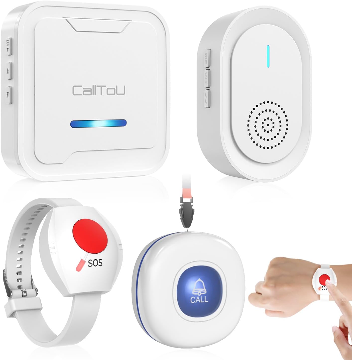 CallToU Caregiver Pager Wireless Call Button for Elderly, Medical Alert Systems for Seniors/Elderly Monitoring with 2 Call Bell, 500+Feet, 1 Plug-in Receiver+1 USB Receiver for Home Patients Emergency