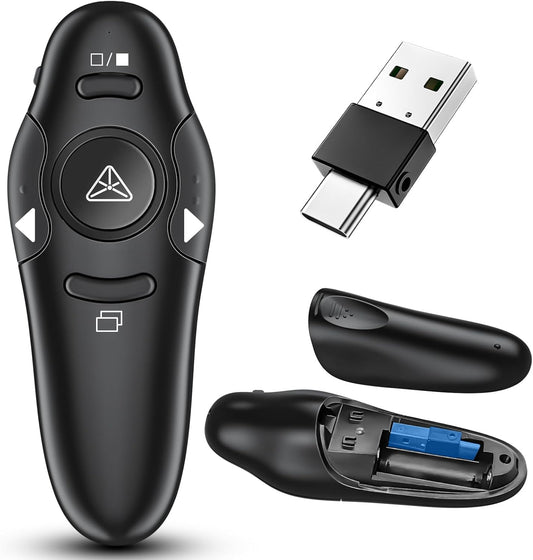 2-in-1 USB Type C Presentation Clicker Wireless Presenter Remote with Laser Pointer, RF 2.4GHz USB C PowerPoint Clicker Slide Advancer for Computer/Mac/Laptop