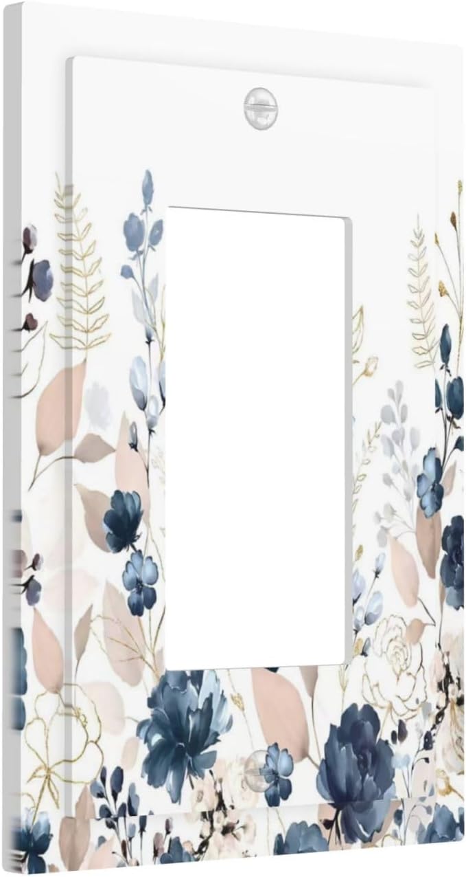 Blue Flora Boho Vintage Flower Golden Leaves Decorative Outlet Covers 1 Gang Single Rocker Light Switch Cover Plate Wall Plates GFCI Faceplate for Bedroom Living Room Decor