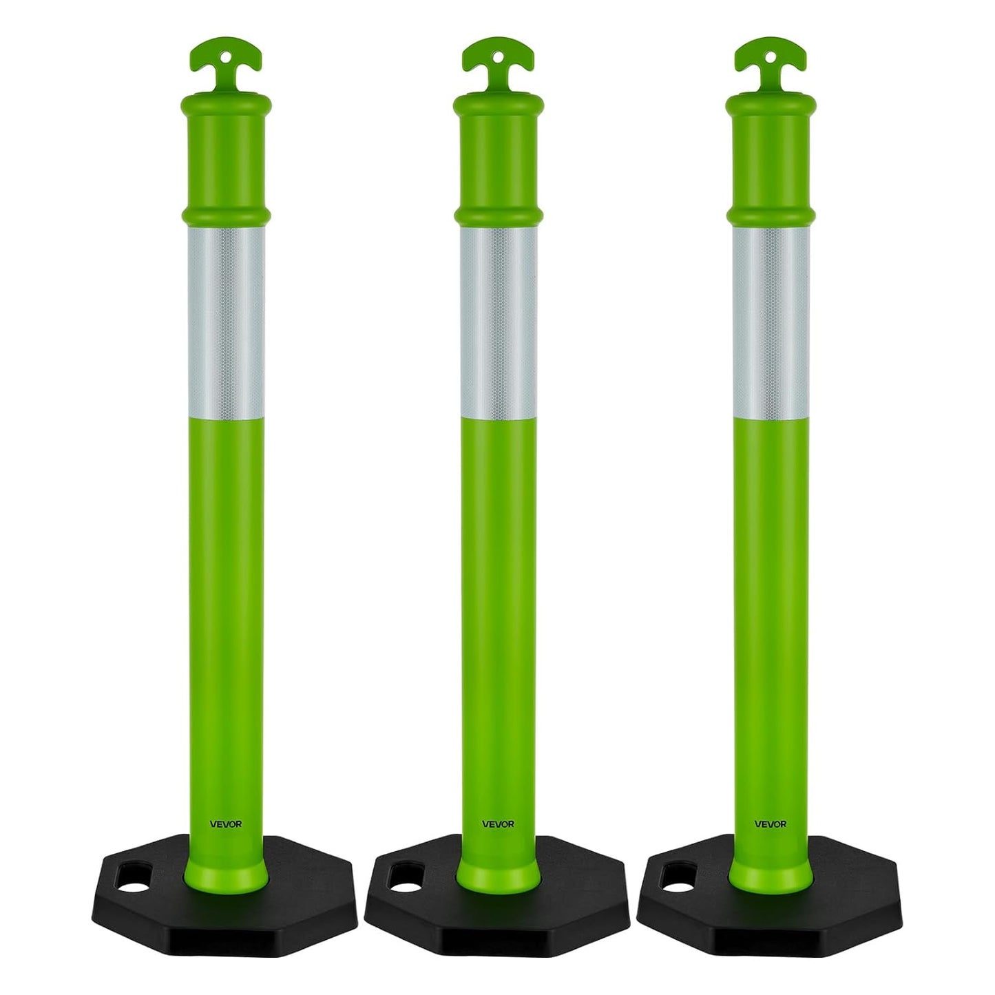 VEVOR 3 Pack Traffic Delineator Posts, 48 inches Traffic Safety Cones with Weighted Base and Reflective Strips, Heavy Duty Delineator Posts for Construction Site, Parking Lot, Crowd Control, Green