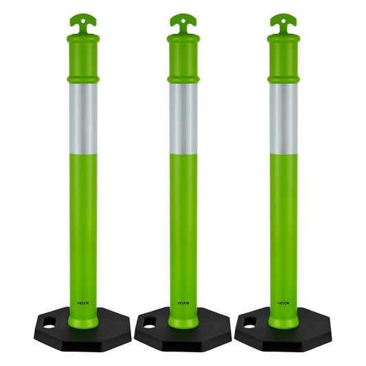VEVOR 3 Pack Traffic Delineator Posts, 48 inches Traffic Safety Cones with Weighted Base and Reflective Strips, Heavy Duty Delineator Posts for Construction Site, Parking Lot, Crowd Control, Green