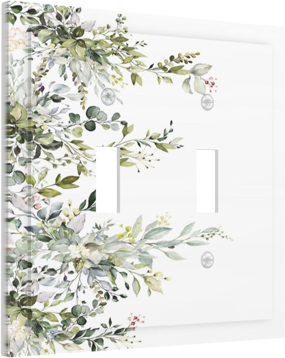 Decorative Light Switch Plate Covers Rustic Eucalyptus Leaves Green Leaf 2 Gang Light Switch Cover Unique Double Toggle Wall Plate Outlet Covers for Bedroom Home Decor （2 Pack）