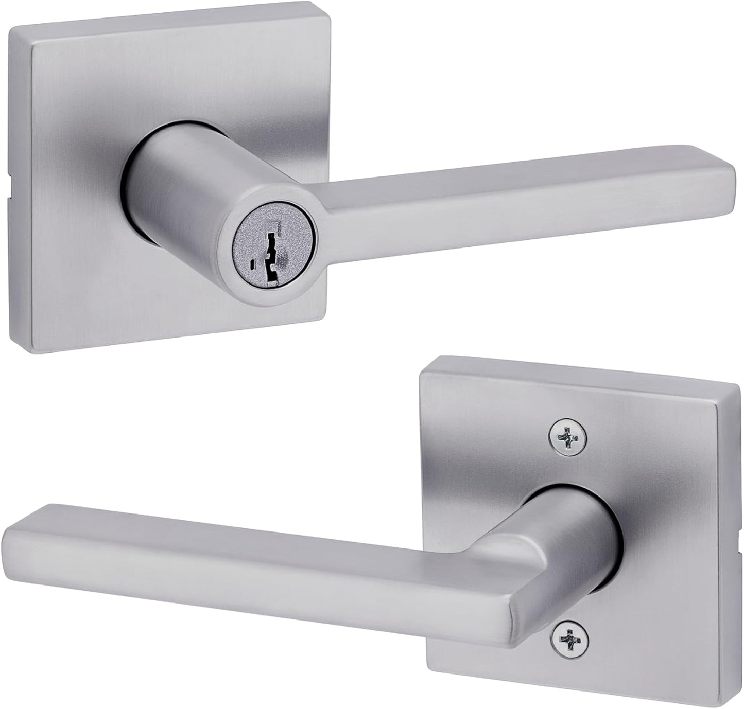 Kwikset Halifax Keyed Storeroom Entry Door Handle with Lock and Key, Secure Keyed Reversible Lever Exterior, for Front Entrance and Bedrooms, Satin Chrome, Pick Resistant Smartkey Rekey Security