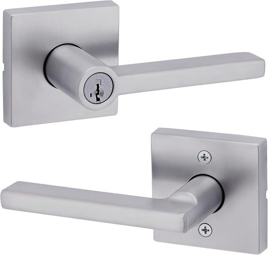 Kwikset Halifax Keyed Storeroom Entry Door Handle with Lock and Key, Secure Keyed Reversible Lever Exterior, for Front Entrance and Bedrooms, Satin Chrome, Pick Resistant Smartkey Rekey Security