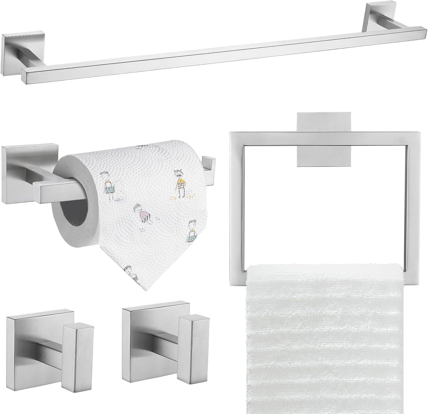 TQKAG 5-Piece Bathroom Hardware Set Brushed Nickel Classic Wall Mounted SUS304 Stainless Steel Bathroom Accessories Set 23.6" Towel Rack for Bathroom, Brushed Nickel