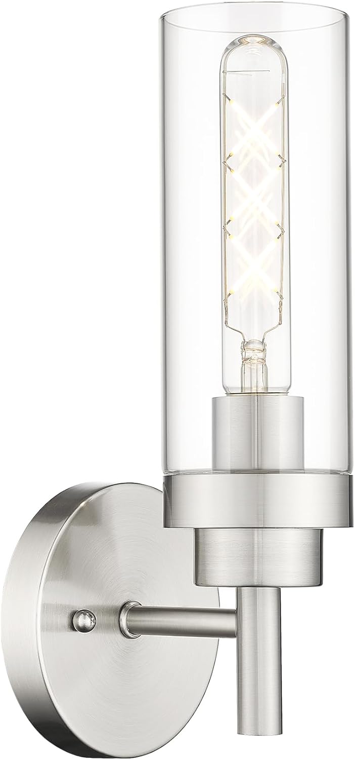 Emak Brushed Nickel Wall Sconce Light, Modern Bathroom Light Fixtures with Clear Glass Shade, 1 Light Wall Lights for Bedroom, Bathroom, Living Room, WS085-BN