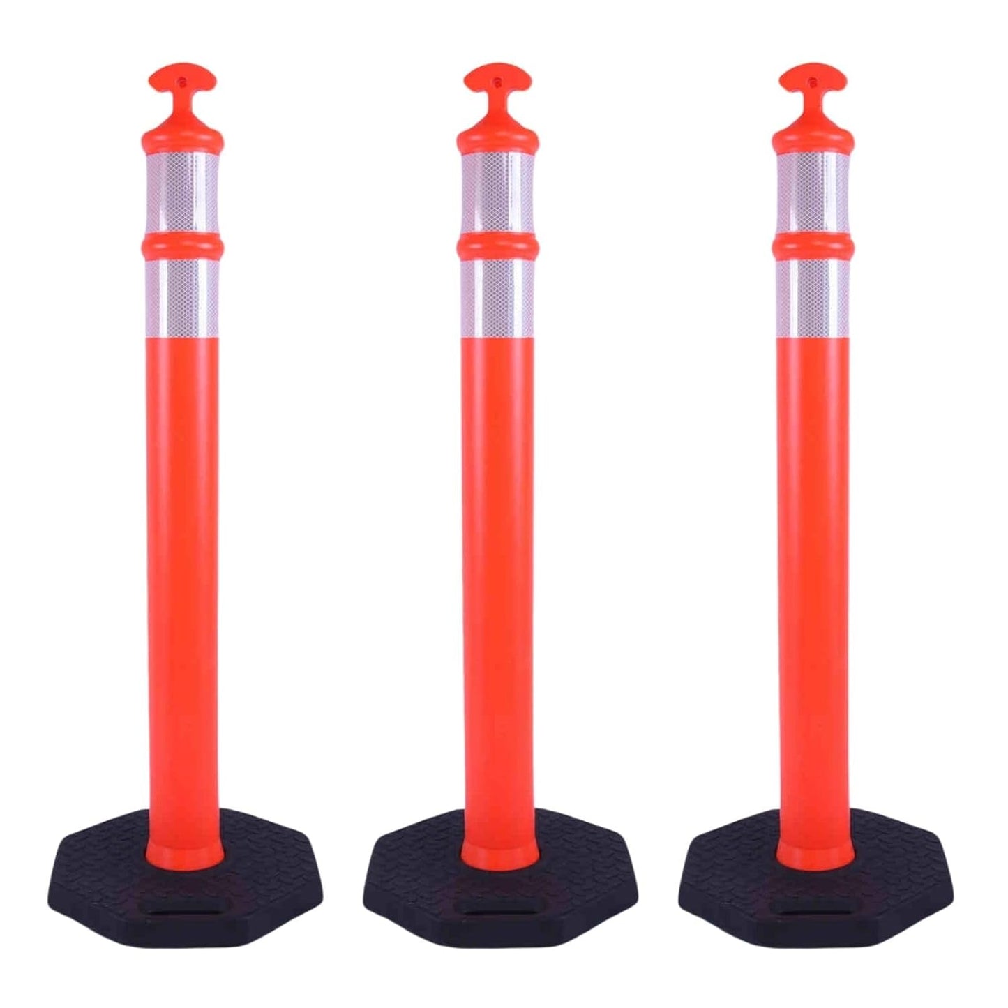 Reflective Rubber Base Traffic Delineator Post - Heavy-Duty Safety Bollards for Parking Lot Markers, Road Construction, Driveway Warning - with Reflective Strips (3 Pack - 45 Inch)