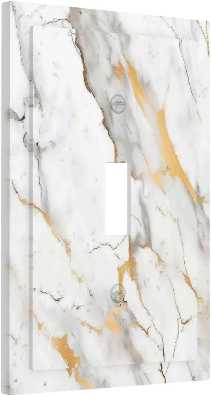 Decorative Light Switch Cover Marbling Style White Background Gold Gray Stripes 1 Gang Single Toggle Device Electrical Faceplate Switchplates Decorator Outlet Wall Plate For Bathroom