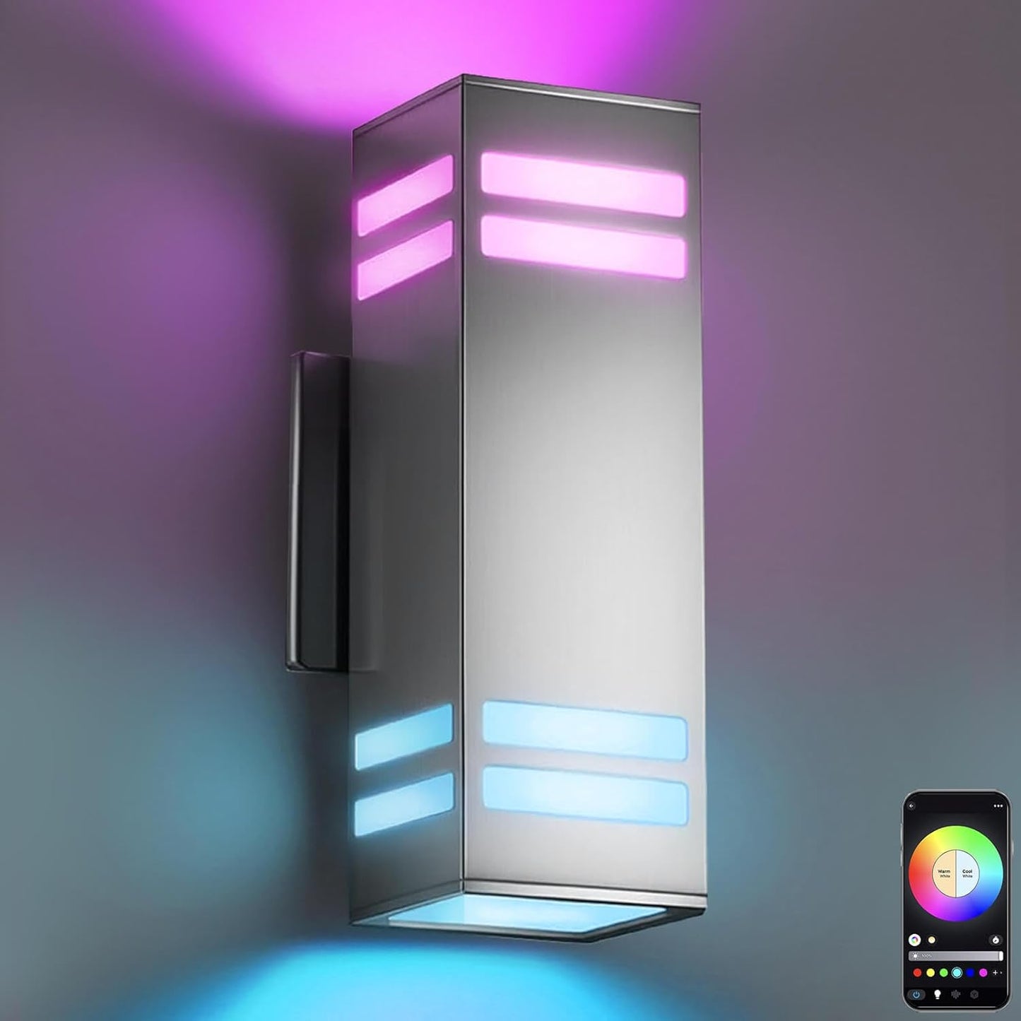 SHIMR Smart Outdoor Wall Light, RGBCW Color Changing WiFi & Bluetooth LED Sconce, Stainless Steel, Dusk to Dawn Sensor, Waterproof Exterior Lighting Fixture with E26 Base, Work with Alexa & Google