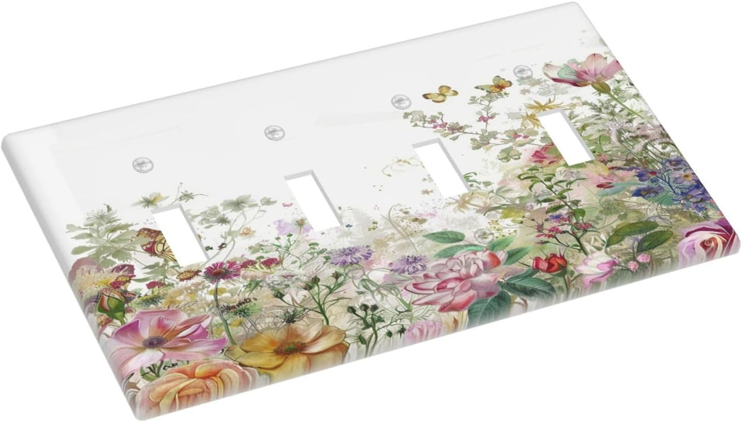 Light Switch Covers Boho Wildflower Colorful Floral Butterfly Quad Toggle Electrical Faceplate 4 Gang Wall Plate Decorative Switch Plates For Bed Room Living Room Decor
