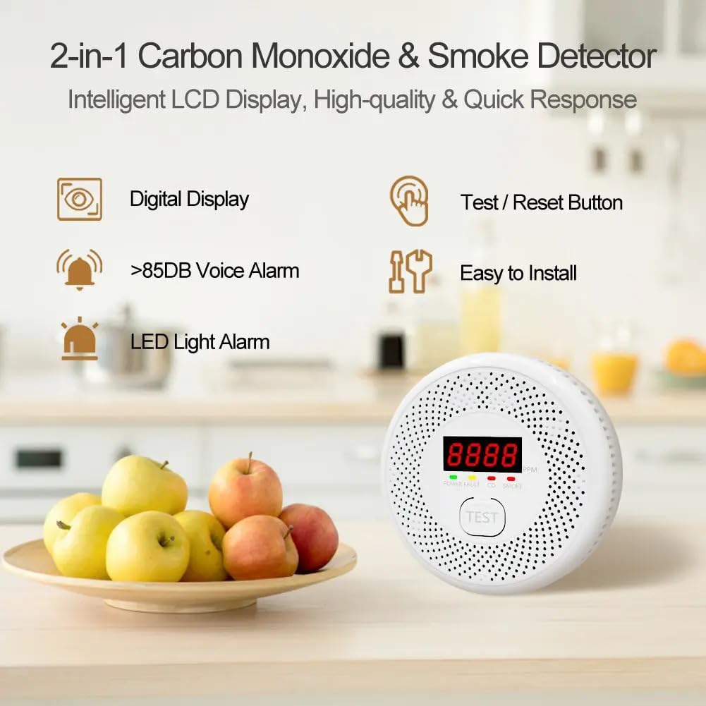 High Definition Color Screen Detector LCD Powered by Carbon Monoxide Detector and Smoke Alarm Battery (excluding Battery) (Compact Design, 4Pack-CO&Smoke)