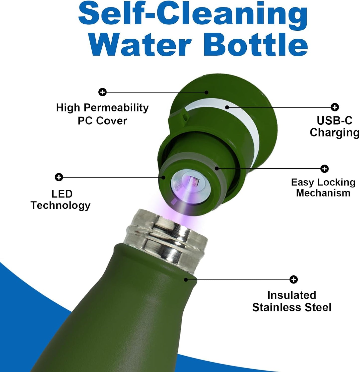 27 oz Smart Self Cleaning Water Large Bottle Cinnabar 304 Stainless Steel Insulated Light Purifying Bottle LED + Activated-Carbon Filter USB-C Rechargeable BPA-Free for Outdoor & Sports