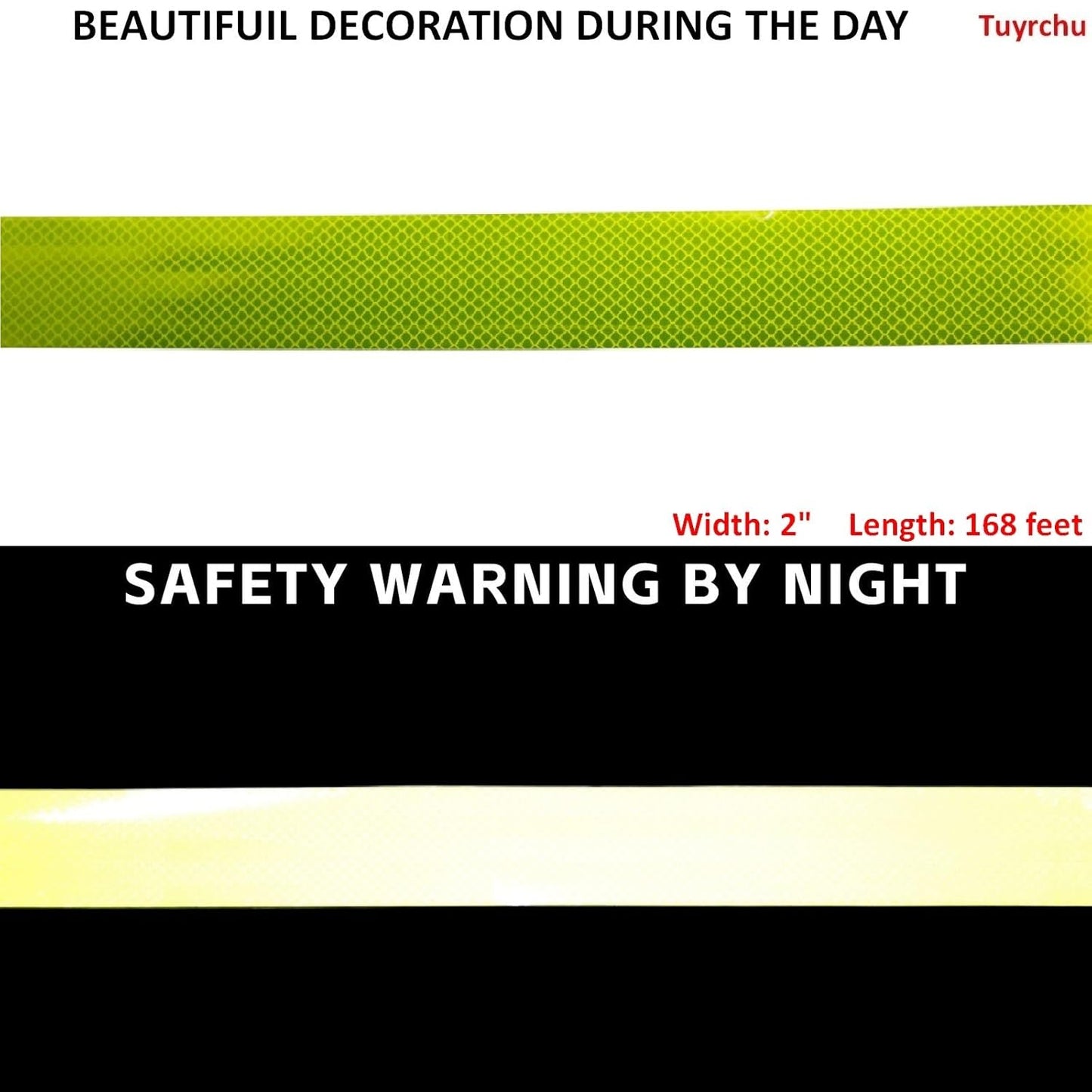 Non Fading Fluorescent Yellow Reflective Tape Outdoor Waterproof 2 inch Wide, High Visibility Warning Safety Industrial Marking Tape (168 feet)